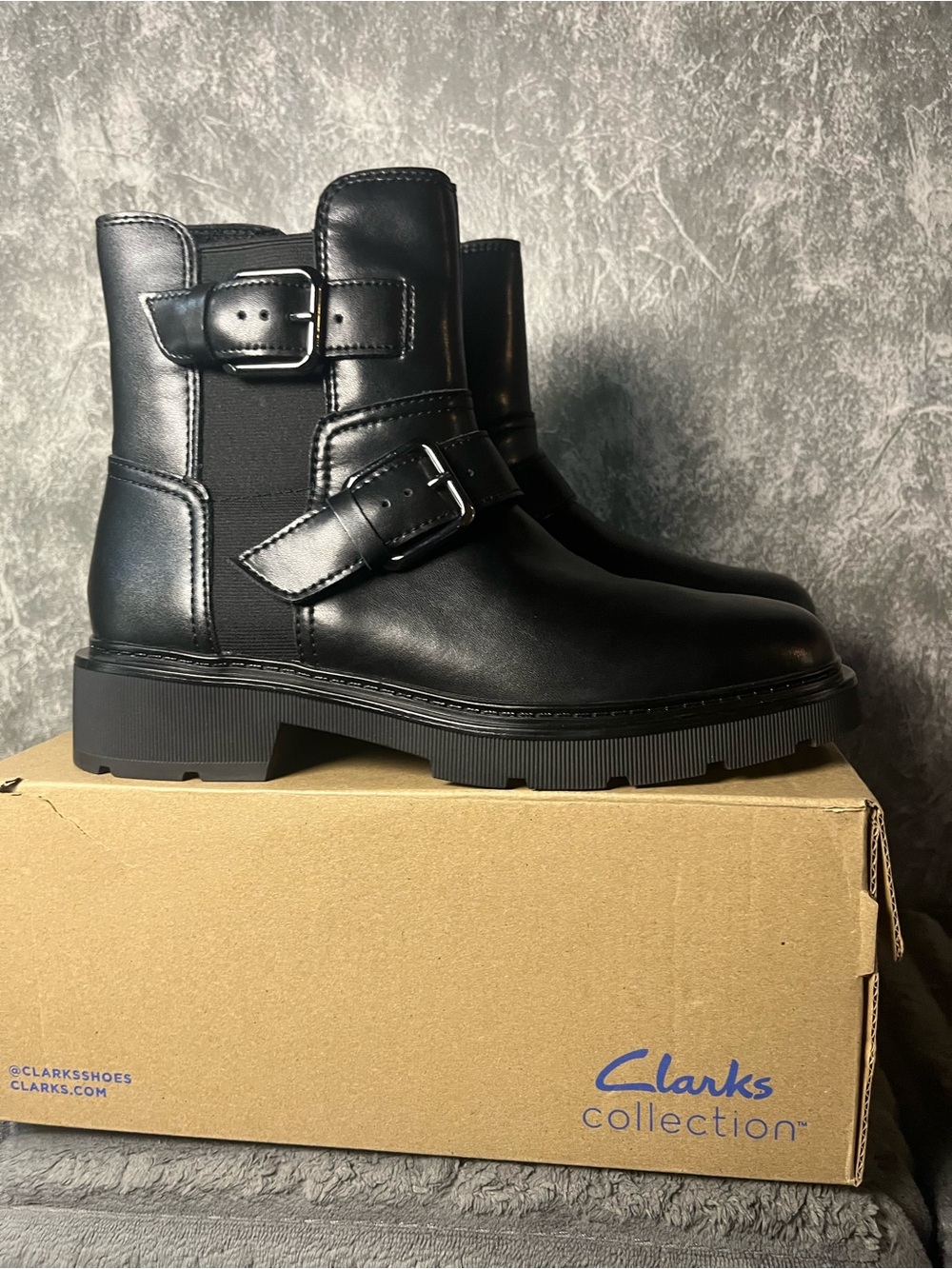Clarks Kids Black Leather Buckle Combat Boots